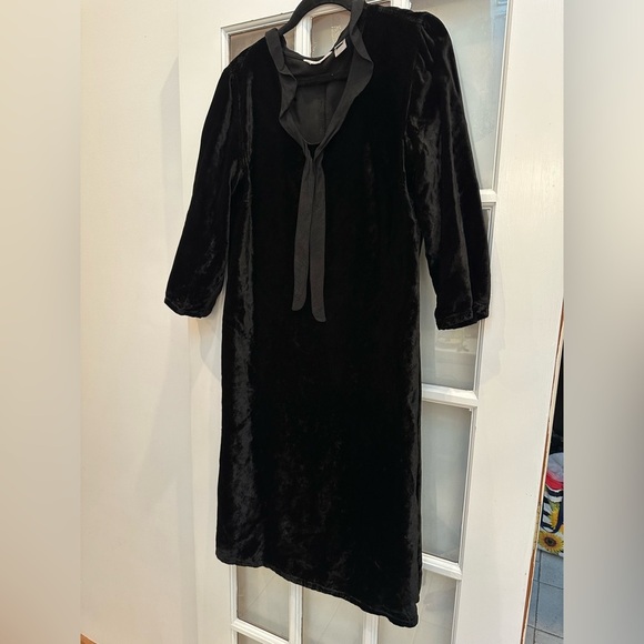 J. Jill Black Velvet Tie Neck Knee Length 3/4 Sleeve Midi Dress Size Medium Tall - Picture 2 of 11
